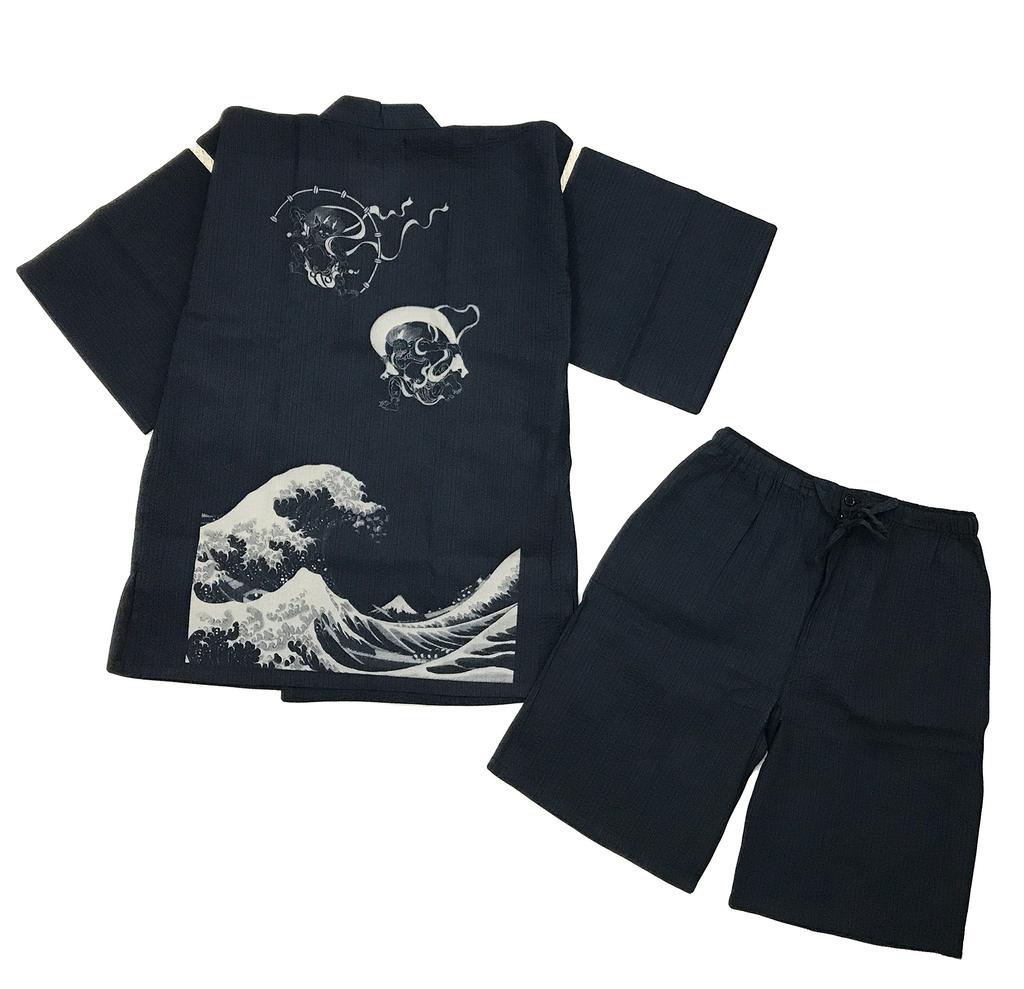Jinbei Shijira Weave Cool Summer Cotton Discharge Original Pattern Japanese Pattern Wind God Raijin Wave Navy LL [Edo Ten] 100%