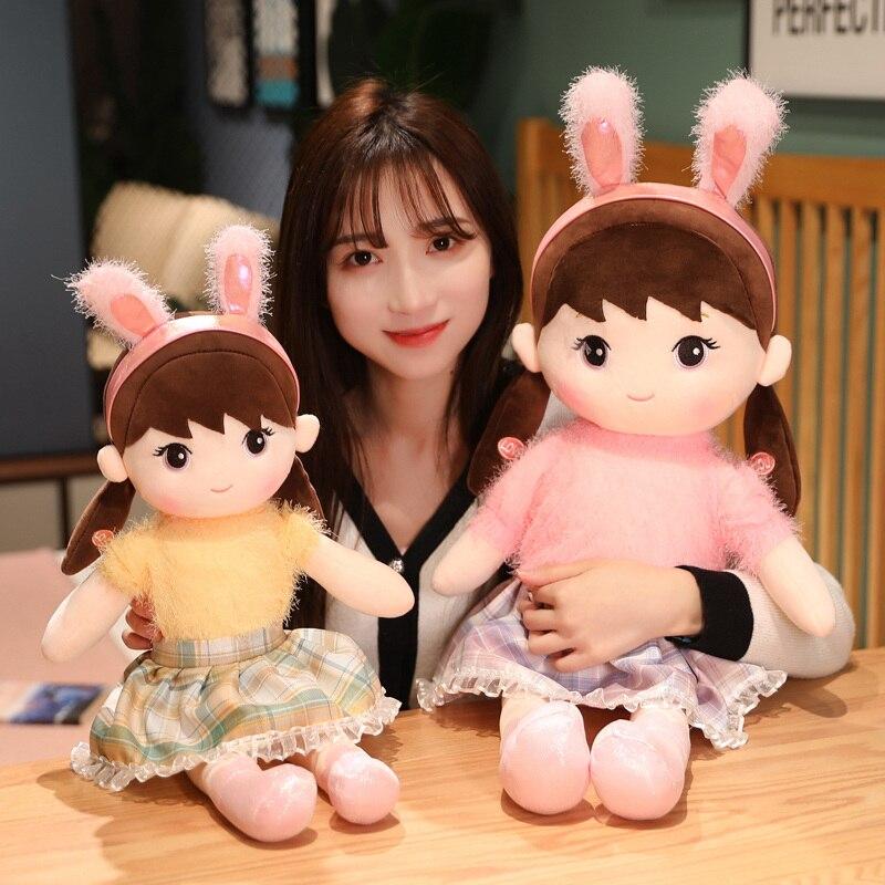 Frumoasa fata fericita papusa umpluta simulare urechi de iepure Jucarie minunata perna de pluș cu animale pentru copii cadou de aniversare
