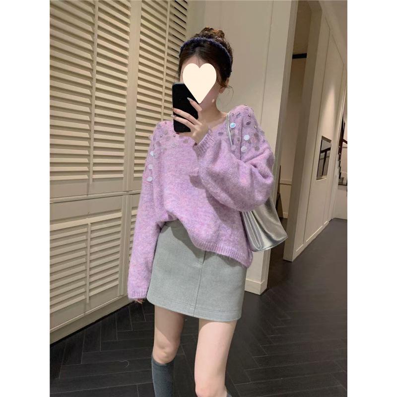 Women's 2025 Autumn/Winter Purple Sequin Knit Sweater - Relaxed, Soft, and Stylish