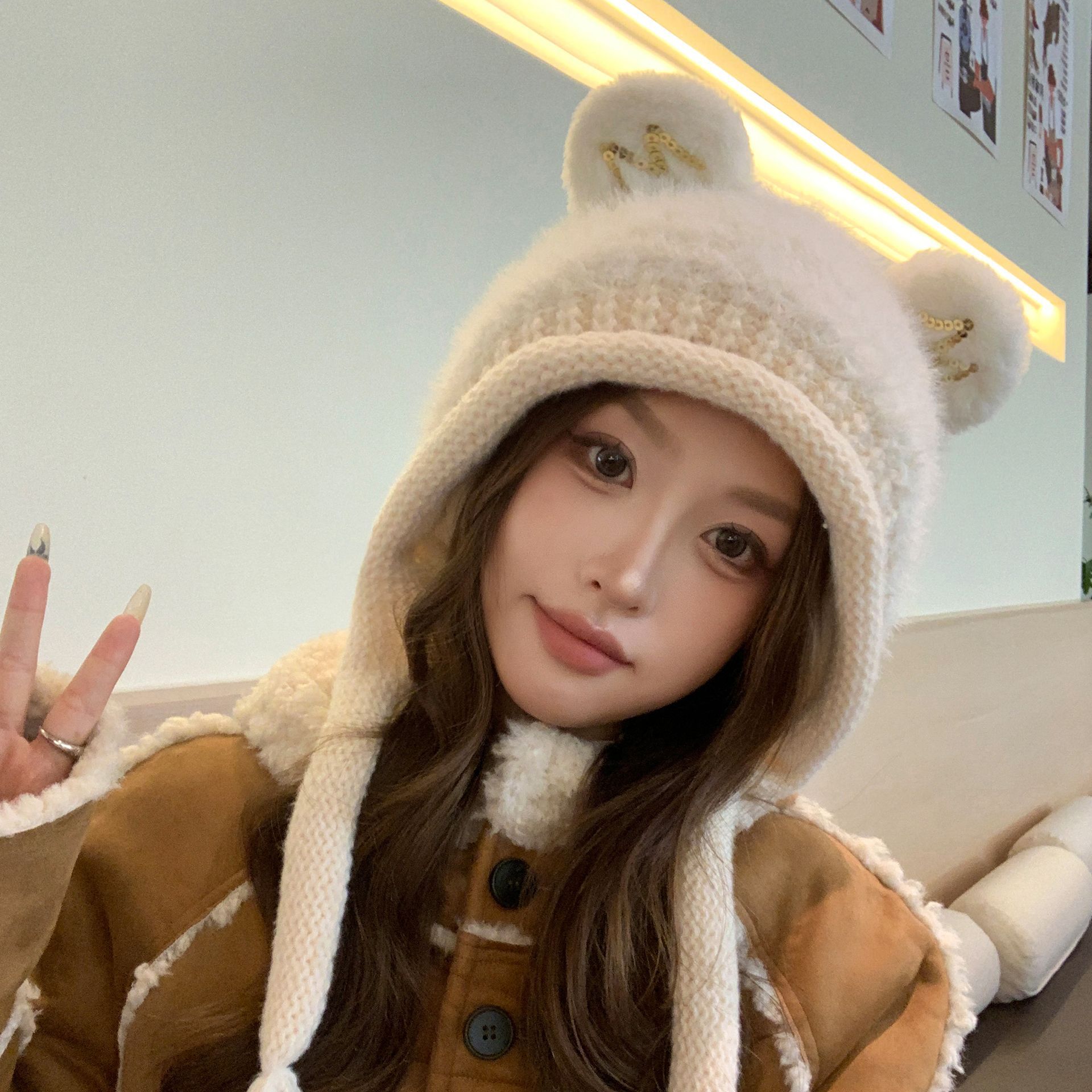 

Sweet Cute Ear Beanie Women s Hat Autumn Winter Warm Ear Protection Knitted Hat Wholesale One Size белый