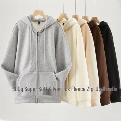 Modna bluza z kapturem zapinana na zamek z polaru Silver Fox 500g - Unisex Jesień/Zima Luźny krój Plus Aksamitowy Kardigan