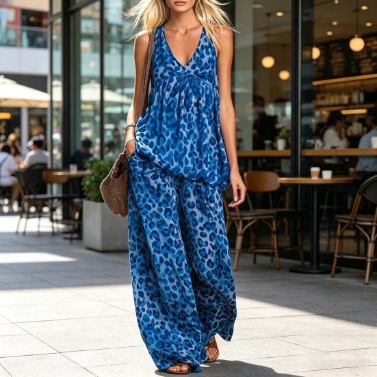 Conjuntos de 2 Piezas Estampados de Verano para Mujer Camiseta sin Mangas con Cuello en V y Pantalones de Pierna Ancha Conjuntos para Estar en Casa Atuendos Casuales de Vacaciones