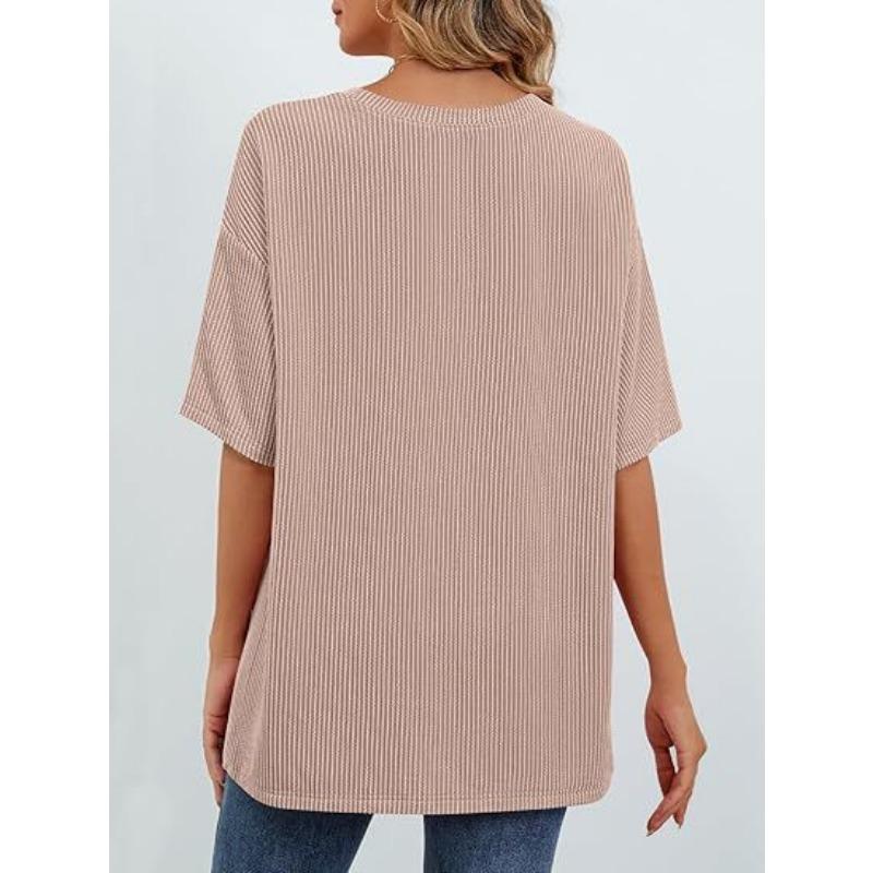 Women's Summer Short Sleeve Patch Pocket Top Oversized Round Neck Textured Casual Basic T-Shirt