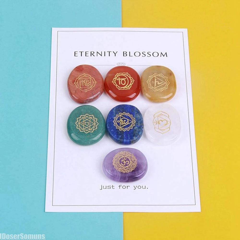7 Chakra Symbol Crystal Stones Set Natural Reiki Healing Crystal Bulk Palm Polished Pocket Gemstones for Meditation Balancing