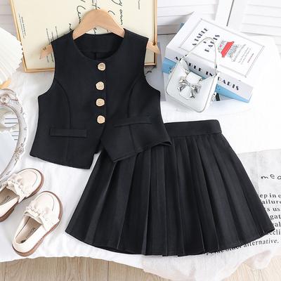 Girls' Fashionable Outfit - Summer Children's Casual Jacket Top with Pleated Skirt, Classic Style Two-piece Set
