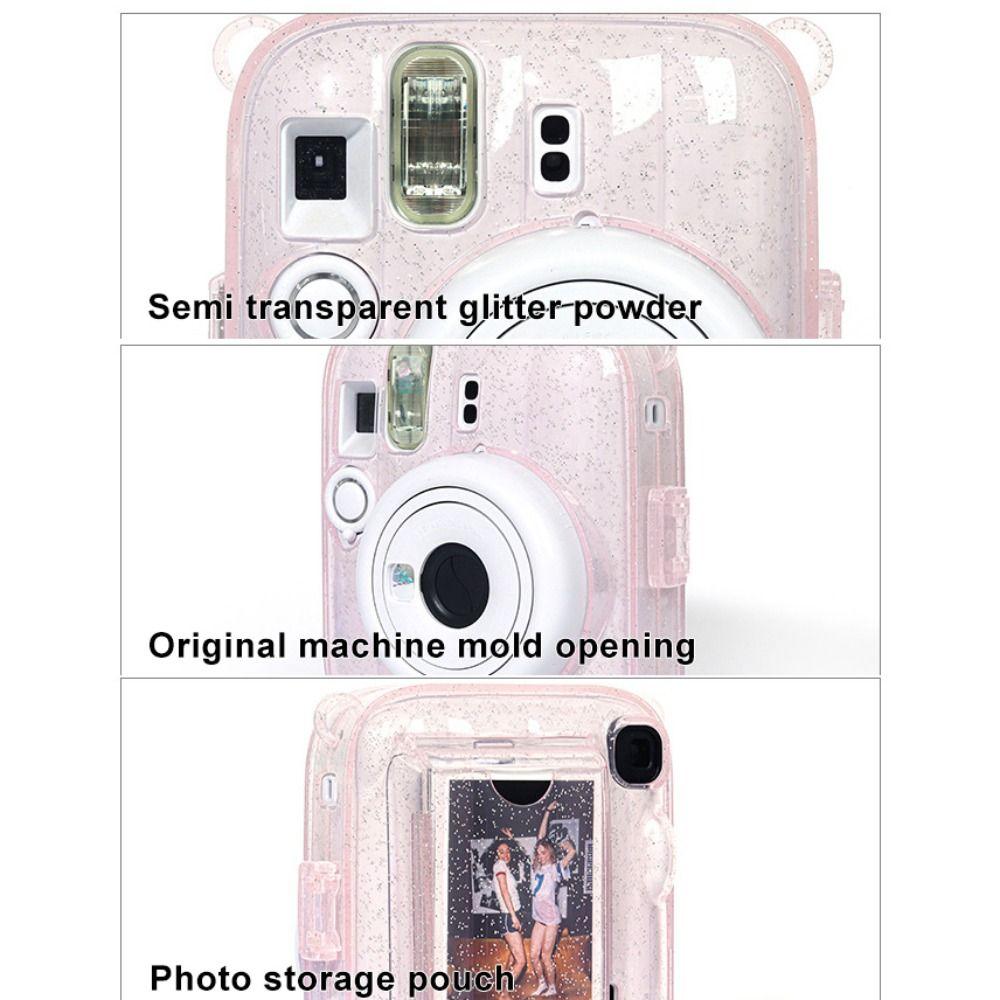Translucent Glitter Instant Camera Case with Cartoon Sticker Adjustable Strap Protective Cover for Fujifilm Instax Mini 13