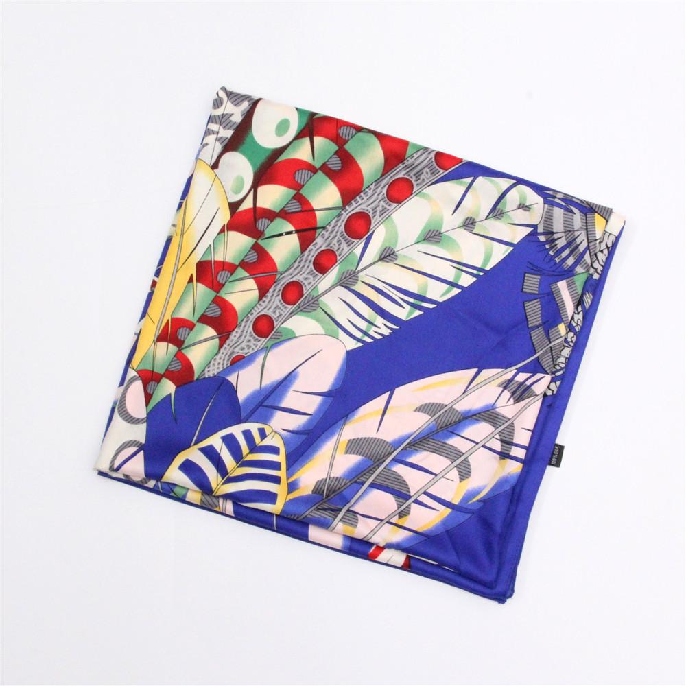 POBING Twill Silk Scarf Women Shawls Indian Feather Print Stoles Bandana Kerchief Hijab Square Scarves Wraps Silk Foulards 130CM