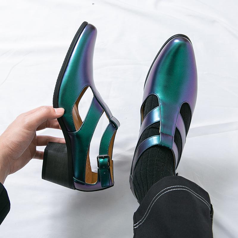 Summer Men’s Silver Sandals Mules Dance Dress Prom Shoes Gold Stylish High Heel Leather Shoes Plus Size