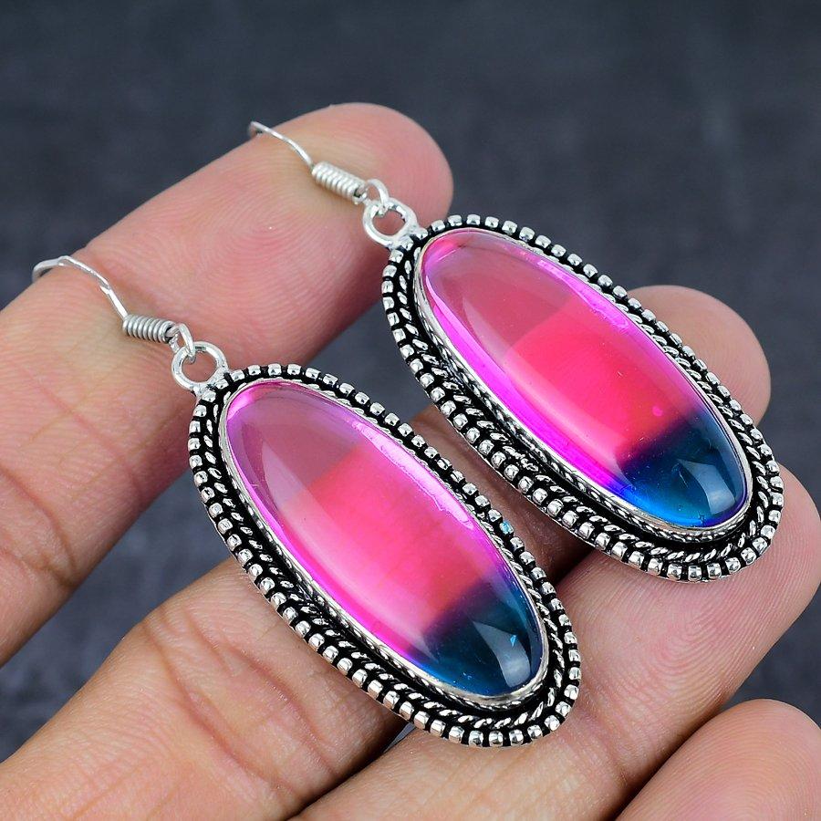 Bi-Color Tourmaline Gemstone 925 Sterling Silver Jewelry Earring 2.44"