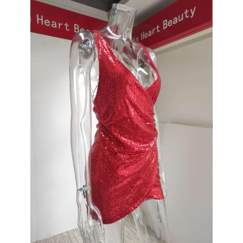 Herbst Sexy V-Ausschnitt Pailletten Trägerkleid Rückenfrei Unregelmäßiges Kleid