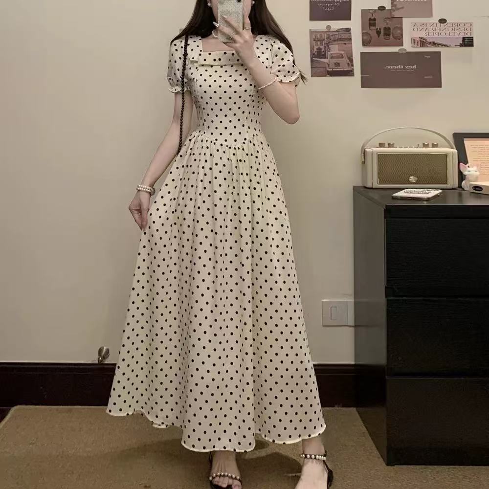 Early spring high-end French square collar polka dot dress children's new summer wear temperament waist dress