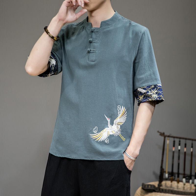 Men's Summer V-Neck Cotton Linen T-Shirt with Crane Embroidery