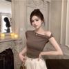 Summer's New Slim-fitting and Thin Sexy Hottie Top Irregular Slanted Shoulder Wrinkled Design Short-sleeved T-shirt Women
