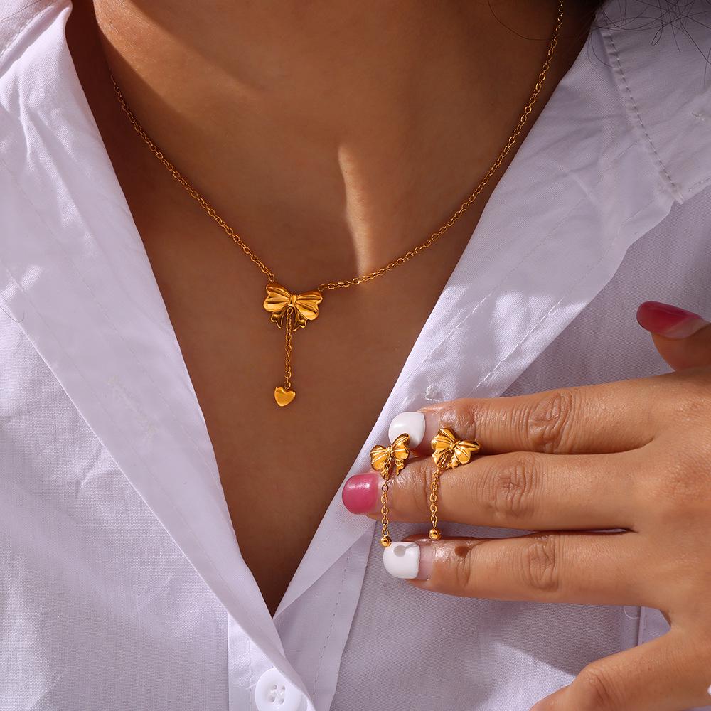 Heart-shaped Tassel Bow Necklace & Titanium Steel Earring Set