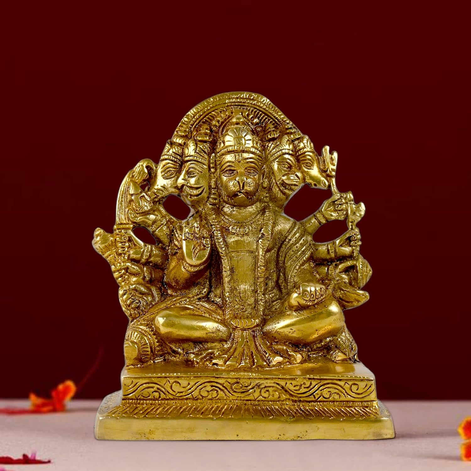 Lord Panchmukhi Hanuman Brass Idol - Handcrafted Bajrang Bali Statue, Gold