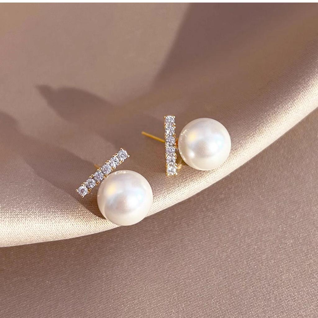S925 Silver Needle Pearl & Diamond Inlaid Stud Earrings - Elegant, Light Luxury Style