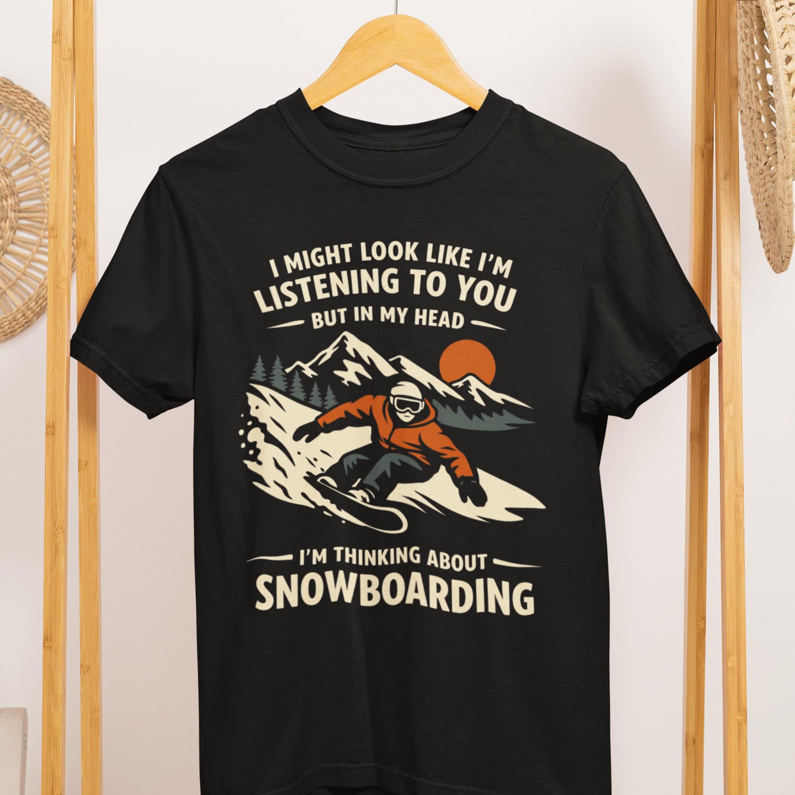 Funny Snowboarding T-Shirt: Thinking About Snowboarding Graphic Tee 4XL