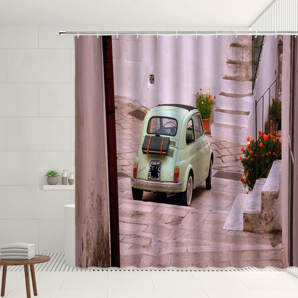 

Retro Vintage Classic Car Shower Curtain Set Farm Western Barn Forest Trees Green Plants Red Maple Leaf Bathroom Bathtub Screens W90XH180cm