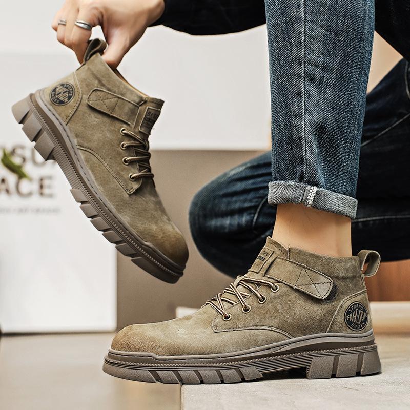 Autumn and winter trend first layer pigskin Martin boots men's Velcro high-top rhubarb boots locomotive tooling short boots men's formal boots