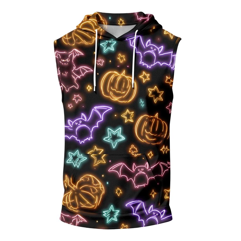 Men's Halloween Print Hooded Tank Top Casual Sleeveless Vest with Pockets Drawstring