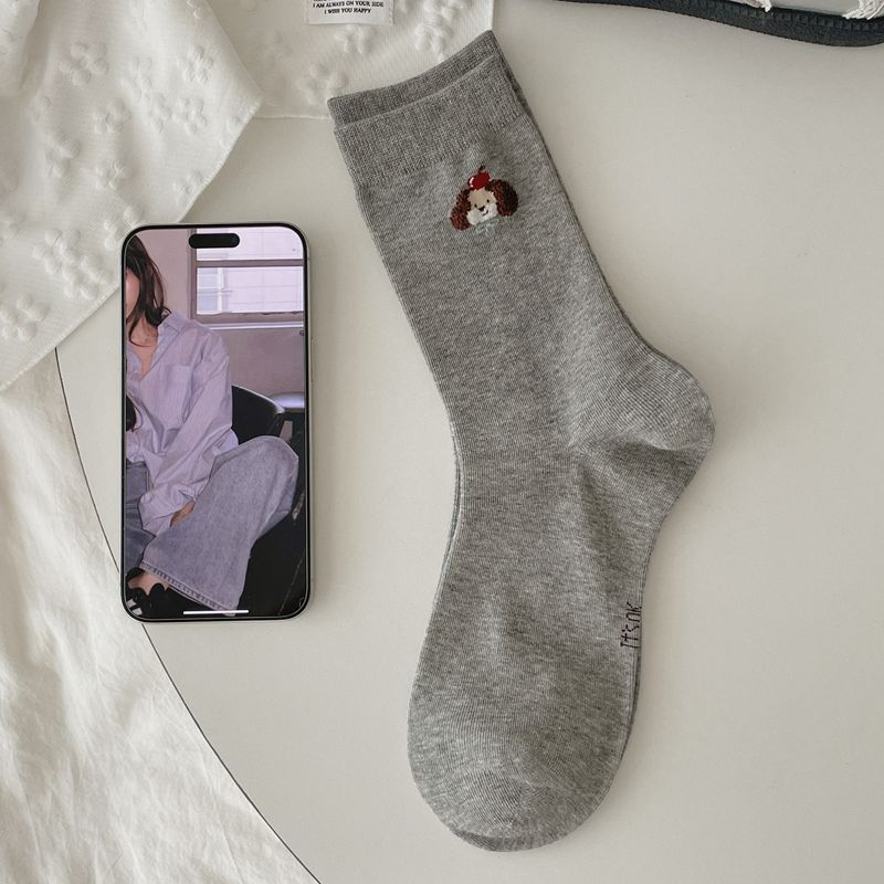 Women's Fall Fashion New Embroidered Dog Boneless Mid Tube Cotton Socks