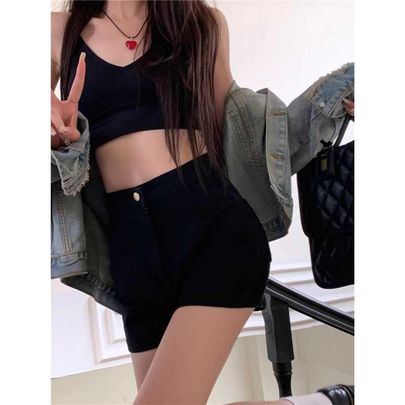 

2025 Women s Black High-Waisted Stretch Denim Shorts - Slimming A-Line Summer Wear Small чёрный