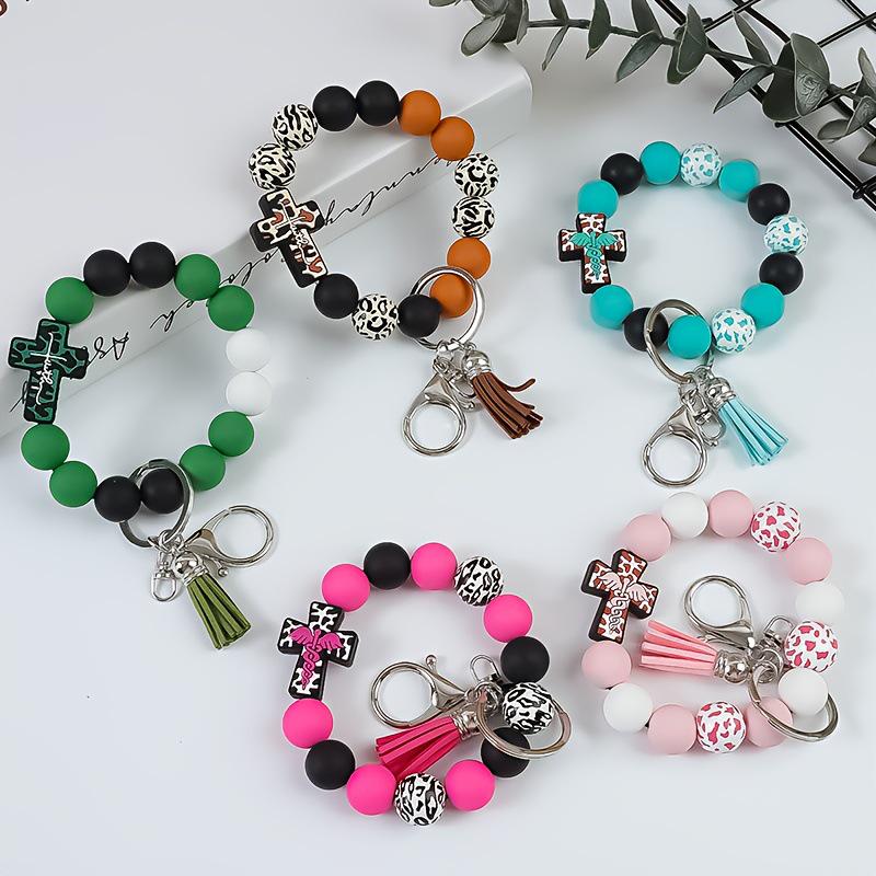 Leopard Print Beaded Silicone Bracelet & Tassel Keychain