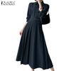 ZANZEA Women Casual Turn Down Collar Long Sleeve Loose Long Dress