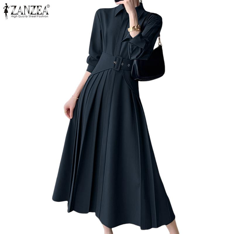 ZANZEA Women Casual Turn Down Collar Long Sleeve Loose Long Dress