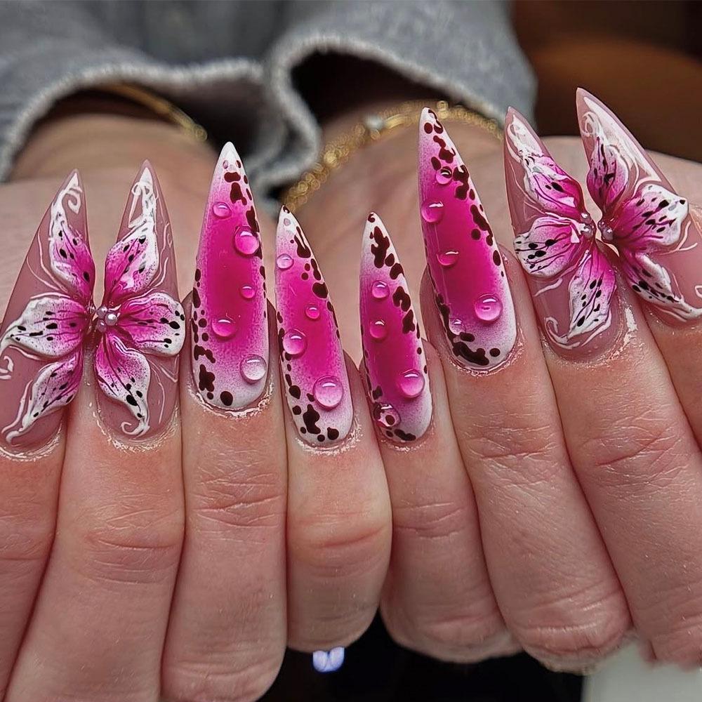 Elegant Peach Pink Almond-shaped 3D Resin Flower Press-On Nails