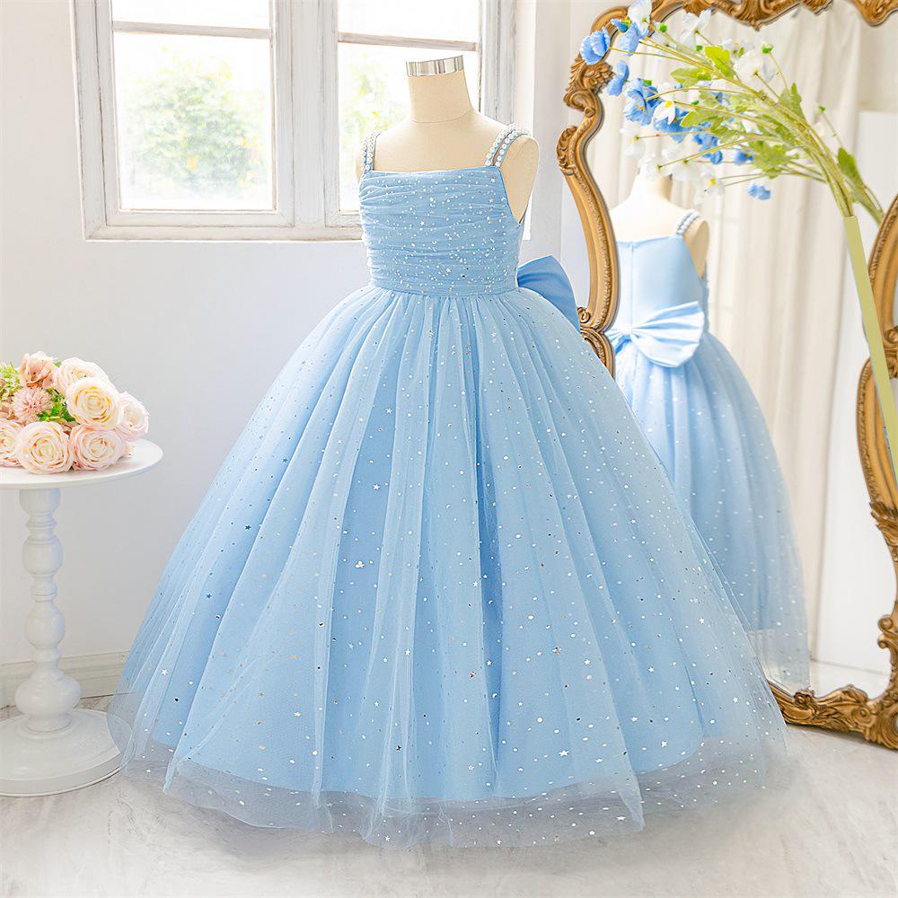 Children s Beaded Strap Princess Dress - Flower Girl Puffy Tulle Gown Sky Blue