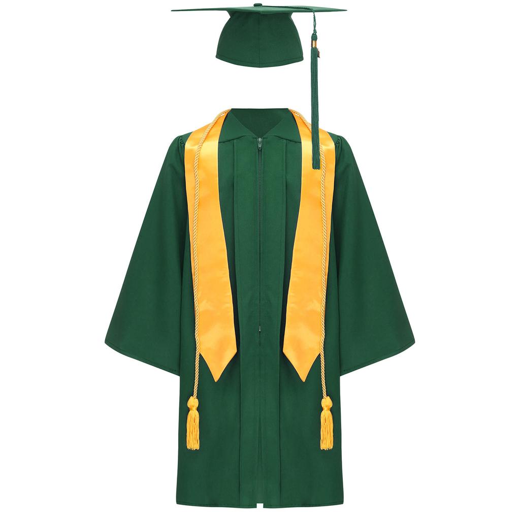 Unisex Kids Graduation Gown Set V Neck Long Sleeve Front Zipper Robe Academic Hat Stole Tassel Ceremony Outfit