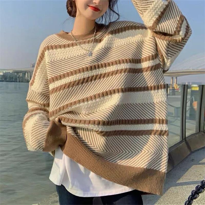 Striped sweater women's autumn and winter loose pullover lazy wind wear thin knitted sweater top chic early autumn coat