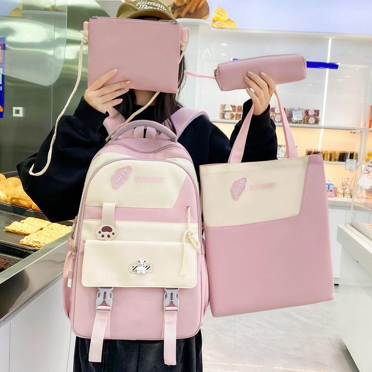 Junior high school backpack women's large-capacity four-piece set middle school student backpack high-value college student schoolbag