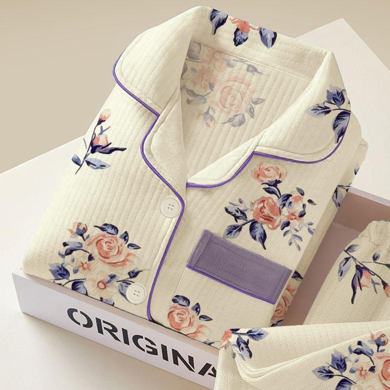 

Женский утолщенный теплый пижамный комплект Осень Зима Хлопковая подкладка Длинный рукав Принт Кардиган Домашняя одежда Комплект из двух предметов M