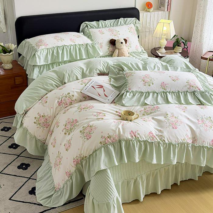 Spring/Summer Washed Cotton Lace Quilt Bedspread Set - 4 Pieces, Machine Washable