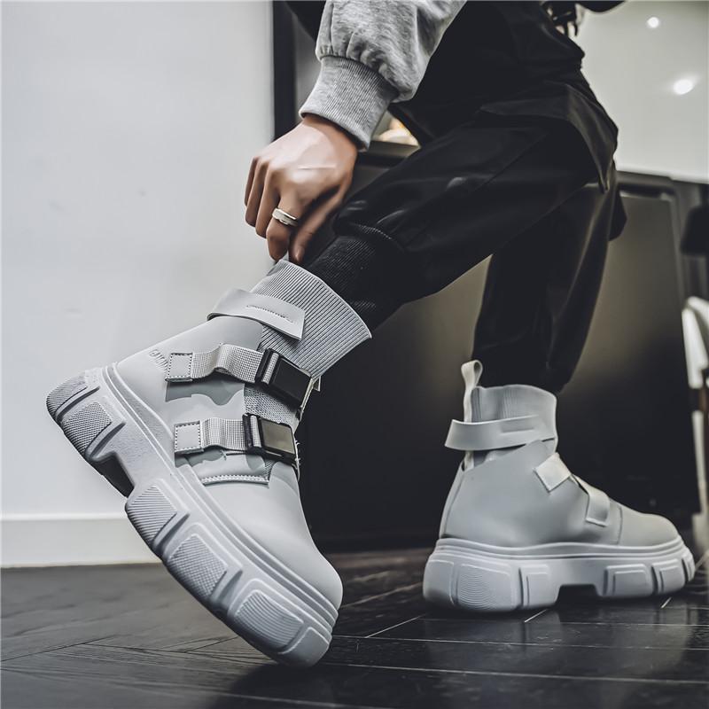 Fashion Gray Men's Buckle Strap Boots Trendy Designer Socks Boots Men Tooling Platform Shoes Man Slip-On Autumn Winter Footwear