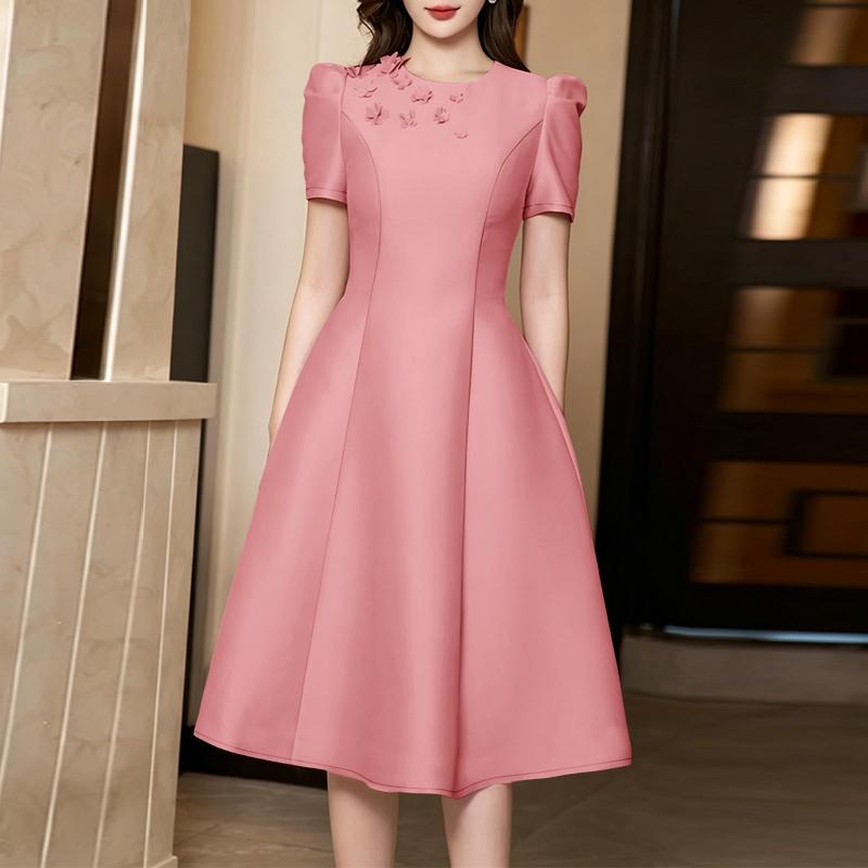 ZANZEA Women Casual Round Neck Summer Short Sleeve Elegant A-Line Dress S розовый