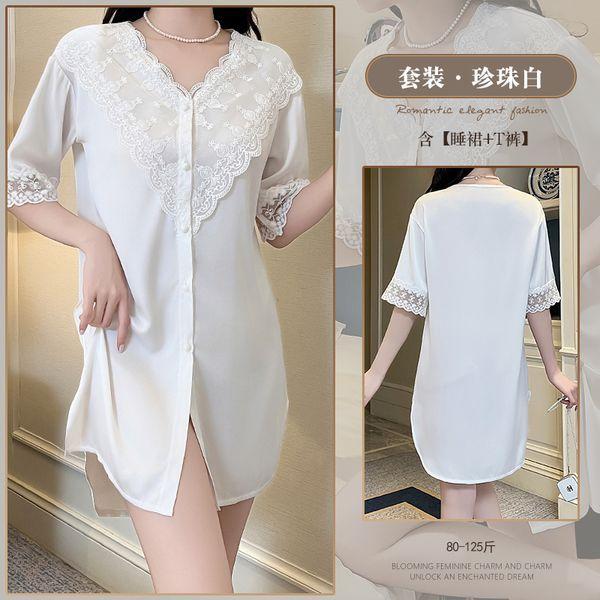 

Beautiful yarn pure desire wind shirt nightdress sexy V-neck sweet lace nightdress niche temperament One size fits all перлина білого кольору