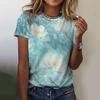2025 New Summer Temperament Women's Floral Blue Printed Women's T-shirt Round Neck Short Sleeve Street Casual Daily Basic Tops