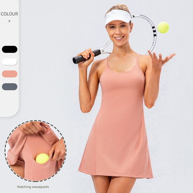 With Chest Pad Nude Feel Sling Yoga Tennis Skirt Stretch Quick-Drying Golf Exercise Skirt Pocket Fitness Two-piece Set Pack