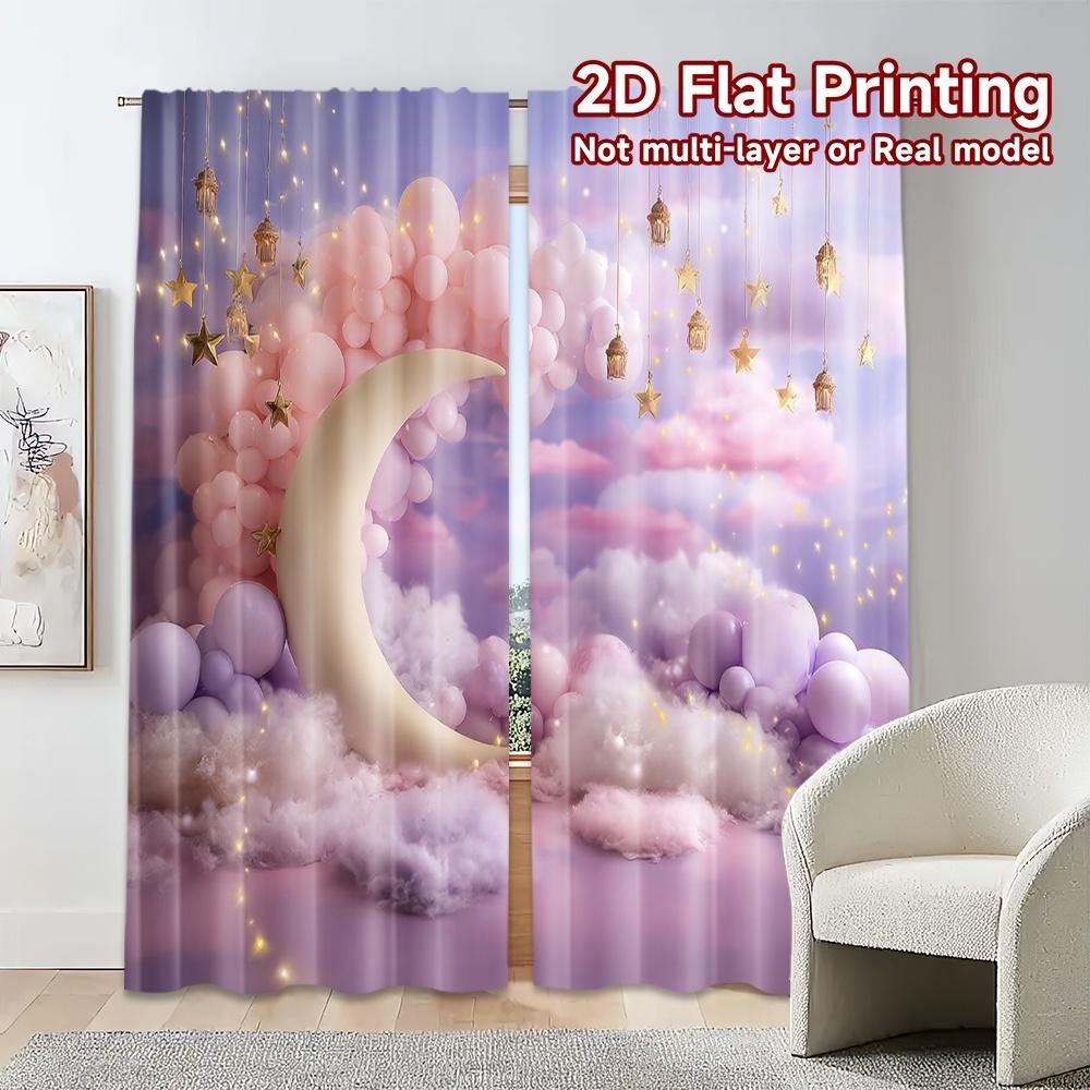 Modern Flat Printing Curtains Without Rod Dreamy Moonland Curtain Durable Polyester Thermal Set Of 2 Made