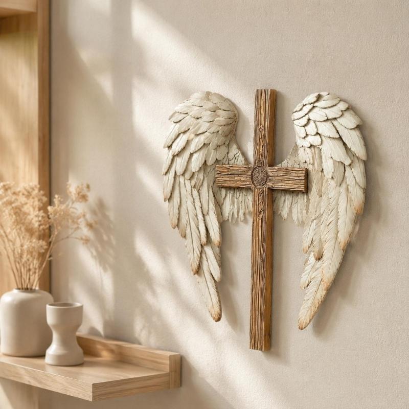 Angel Wing Wall Decoration, with Hanging Cord, Feathered and Crosses Design, 2D Flat Christian Hanging Plaque for Prayer