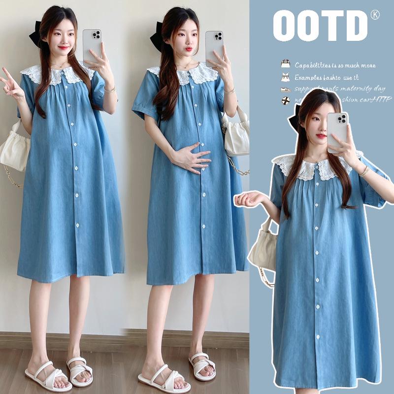 

Summer Denim Maternity Dress with Doll Collar - Lightweight, Breastfeeding-Friendly Long Skirt M синий