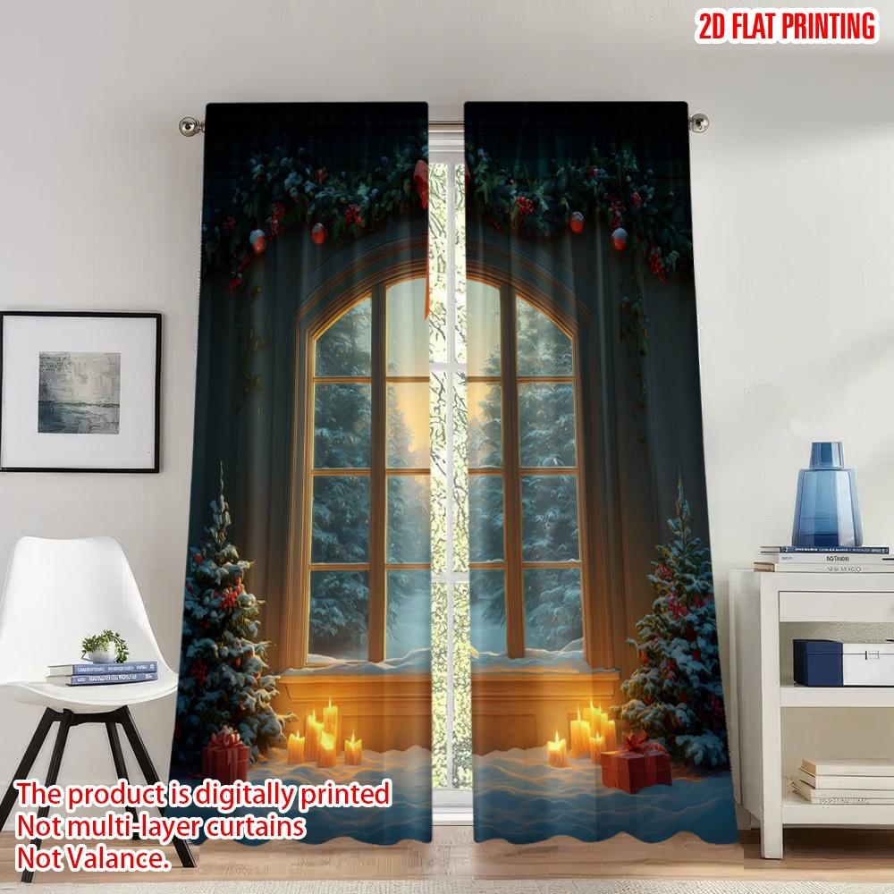 

Flat Printing Fashionable Christmas Curtains Cozy Scene Digital Printed Polyester Drapes Family Party Curtain Set Of 2 Made Washable W100*H70(CM)-Hooks&2PCS