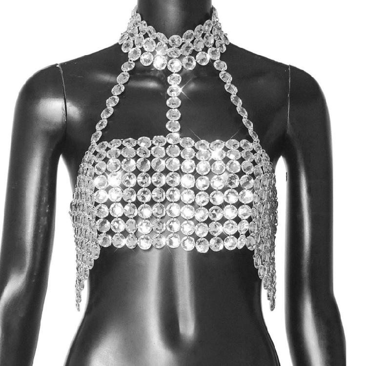 Rhinestones Diamond Body Chain Bra for Women Crystal Backless Chest Chain Halterneck Mesh Crop Top Harness Body Jewelry