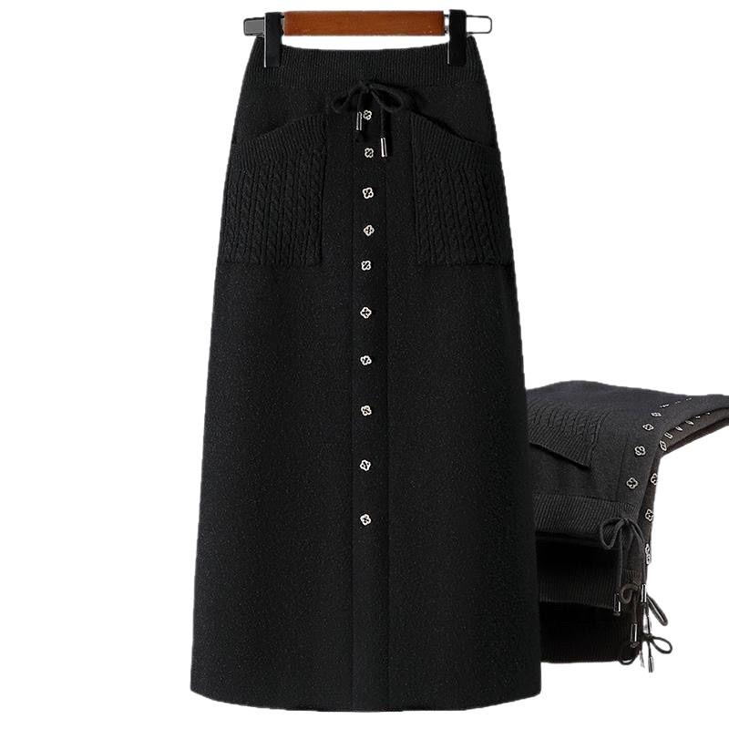 Elegant High Waist Knitted Wool A-line Skirt for Women - Slimming Mid-length, Petite Fit, Autumn/Winter Style