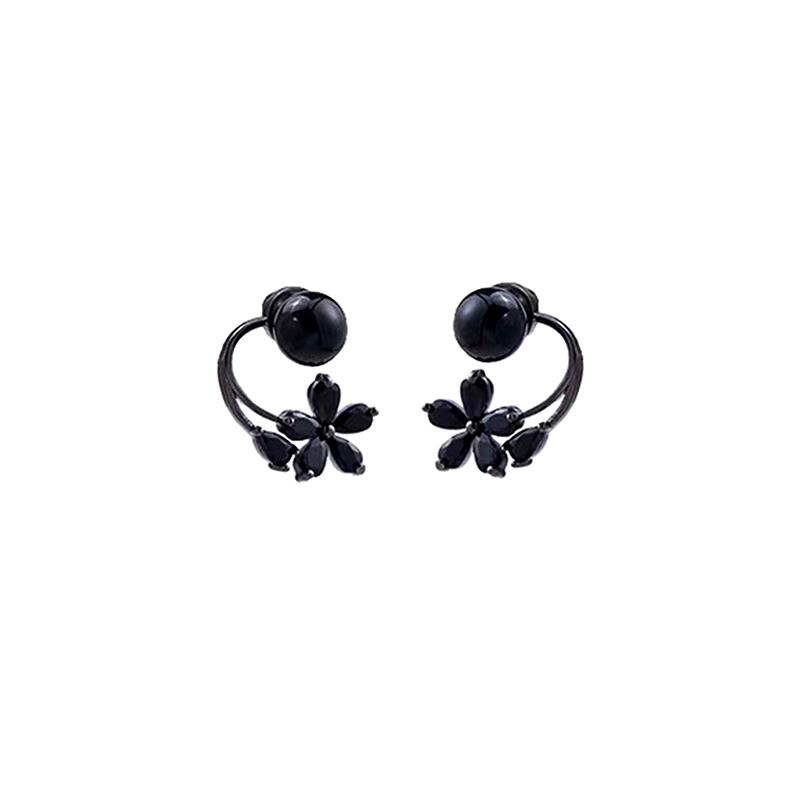 Vintage Black Zircon Flower Pearl Stud Earrings For Women Korean Elegant Personality Earrings Wedding Party Jewelry Gift Mujer