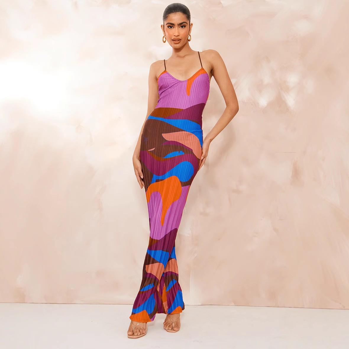 2026 Spring/Summer Strappy Pleated Print Women s Long Skirt - Sexy, Fashionable, and Trending in Europe and America. Large