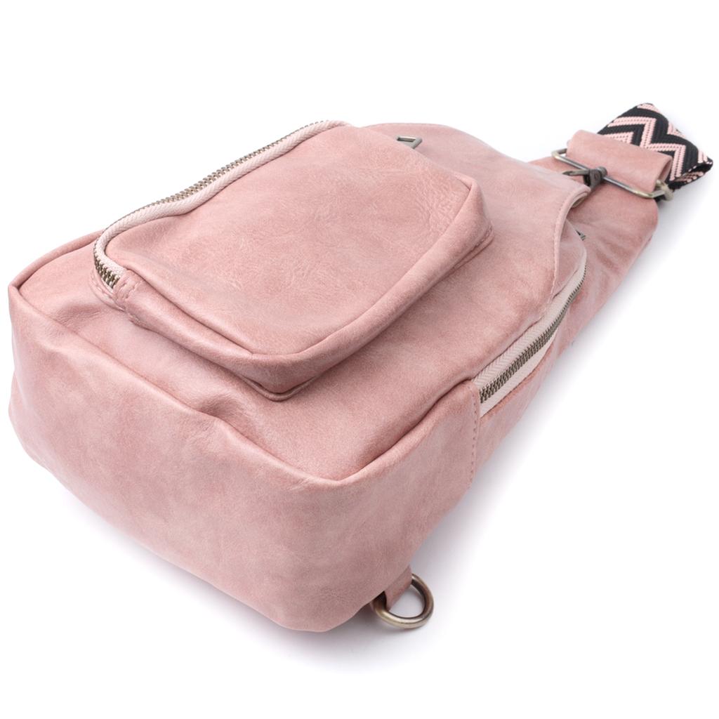 Women's Bag with an Accent On a Textile Strap Made of Smooth Eco-leather VINTAGE Bag 22772 Pink